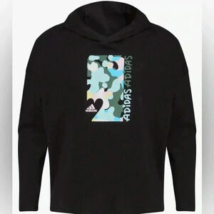 ADIDAS Girls' Long Sleeve Hooded Graphic Tee, Black with Camo Print, Large (14)